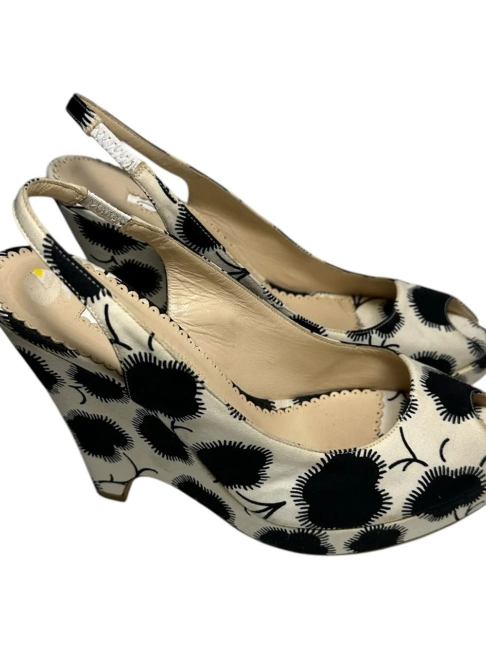 Oscar de la Renta Women’s 37.5 7.5 Black Cream Floral Slingback Platform Wedges